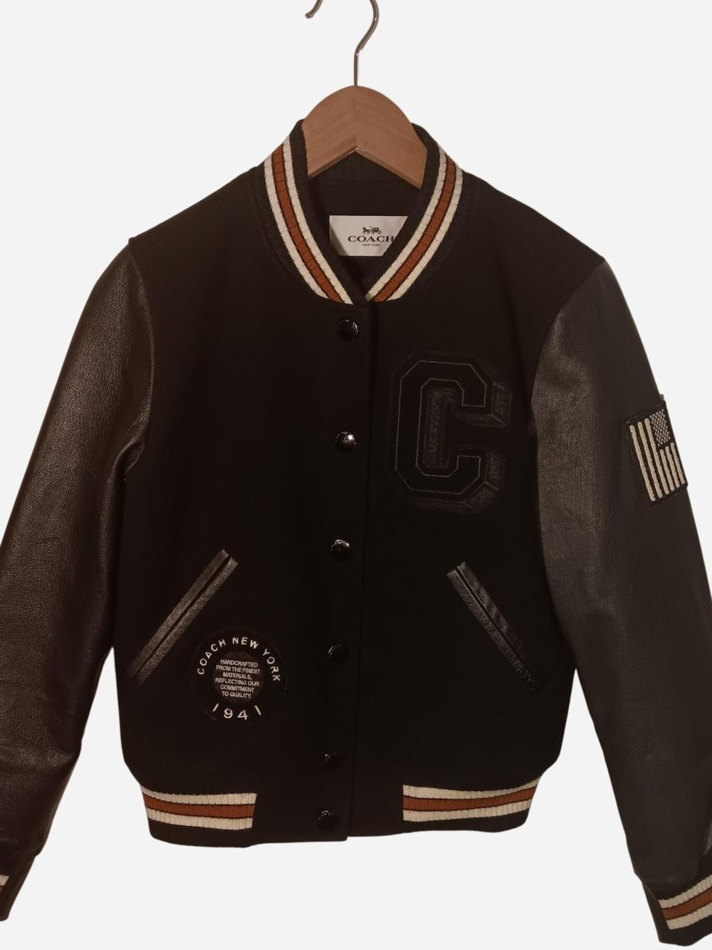 Coach Black Leather-Sleeve Varsity Jacket w/ Striped Trim -